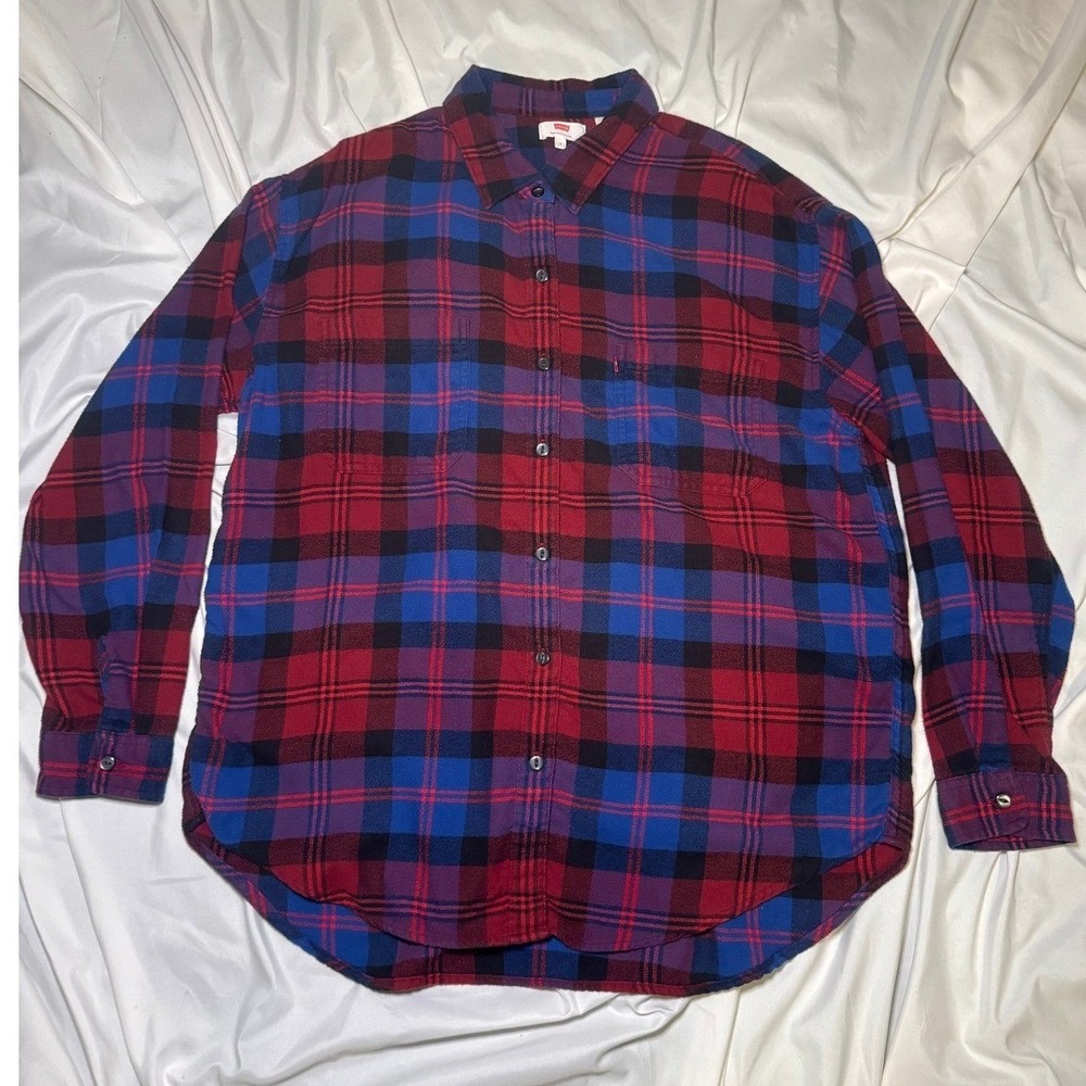 Levi's Plaid Flannel Button Up Shirt Mens Medium Red Blue‎ Streetwear Casual